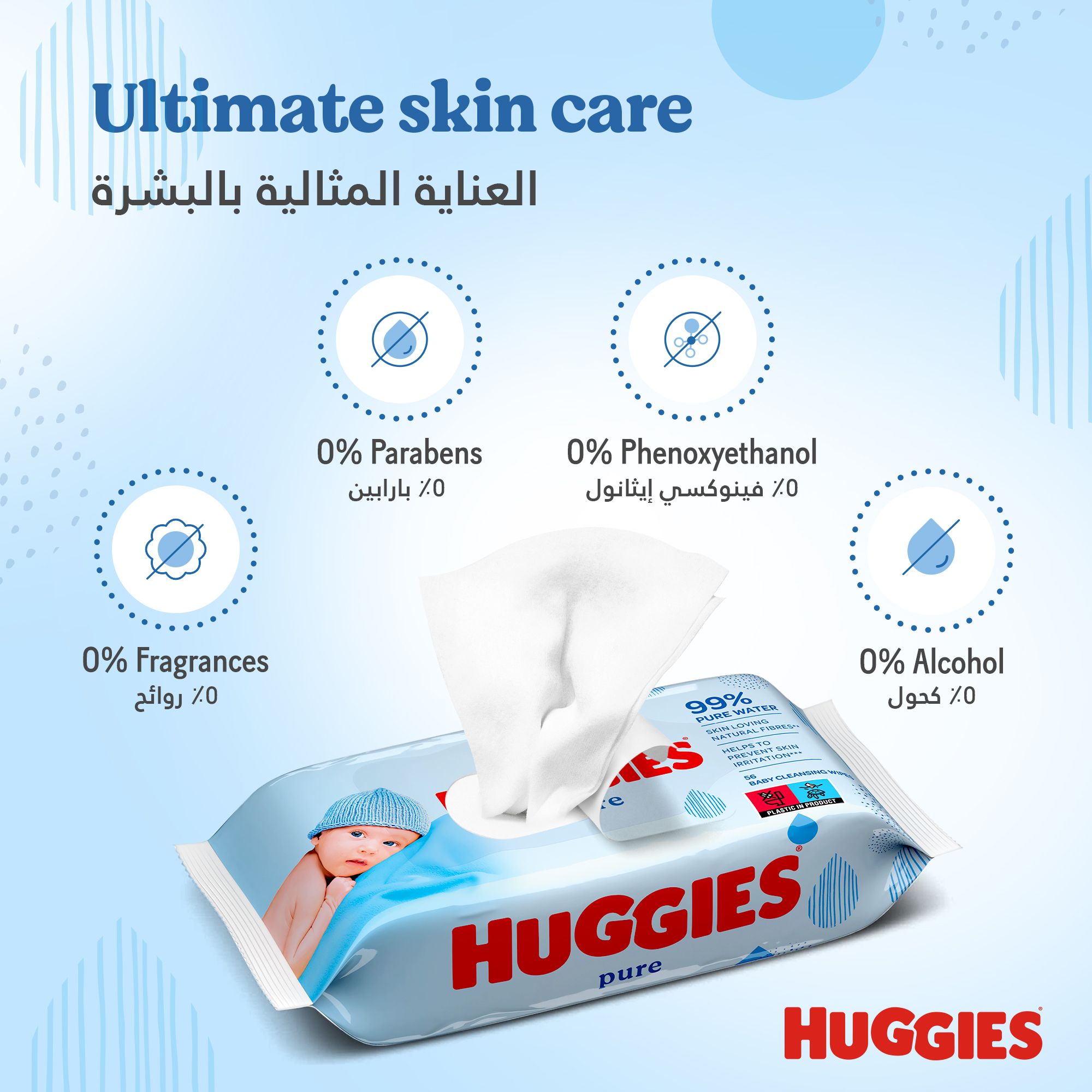 Huggies Pure Baby Wipes, 99% Pure Water Wipes, 1 Pack x 56 Wipes