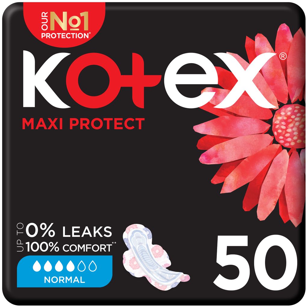 Kotex Maxi Protect Thick Pads, Normal Size Sanitary Pads with Wings, 50 Sanitary Pads