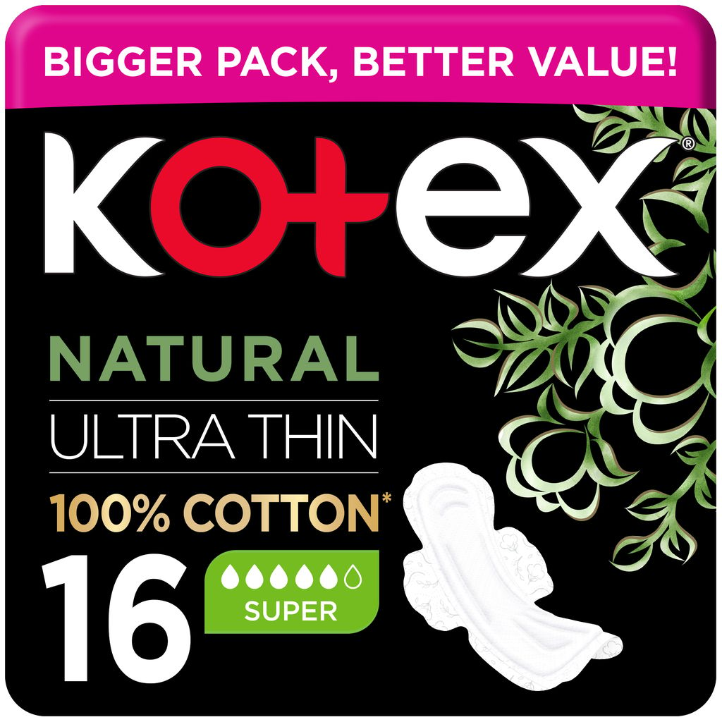 Kotex Natural Ultra Thin Pads, 100% Cotton Pad, Super Size Sanitary Pads with Wings, 16 Sanitary Pads