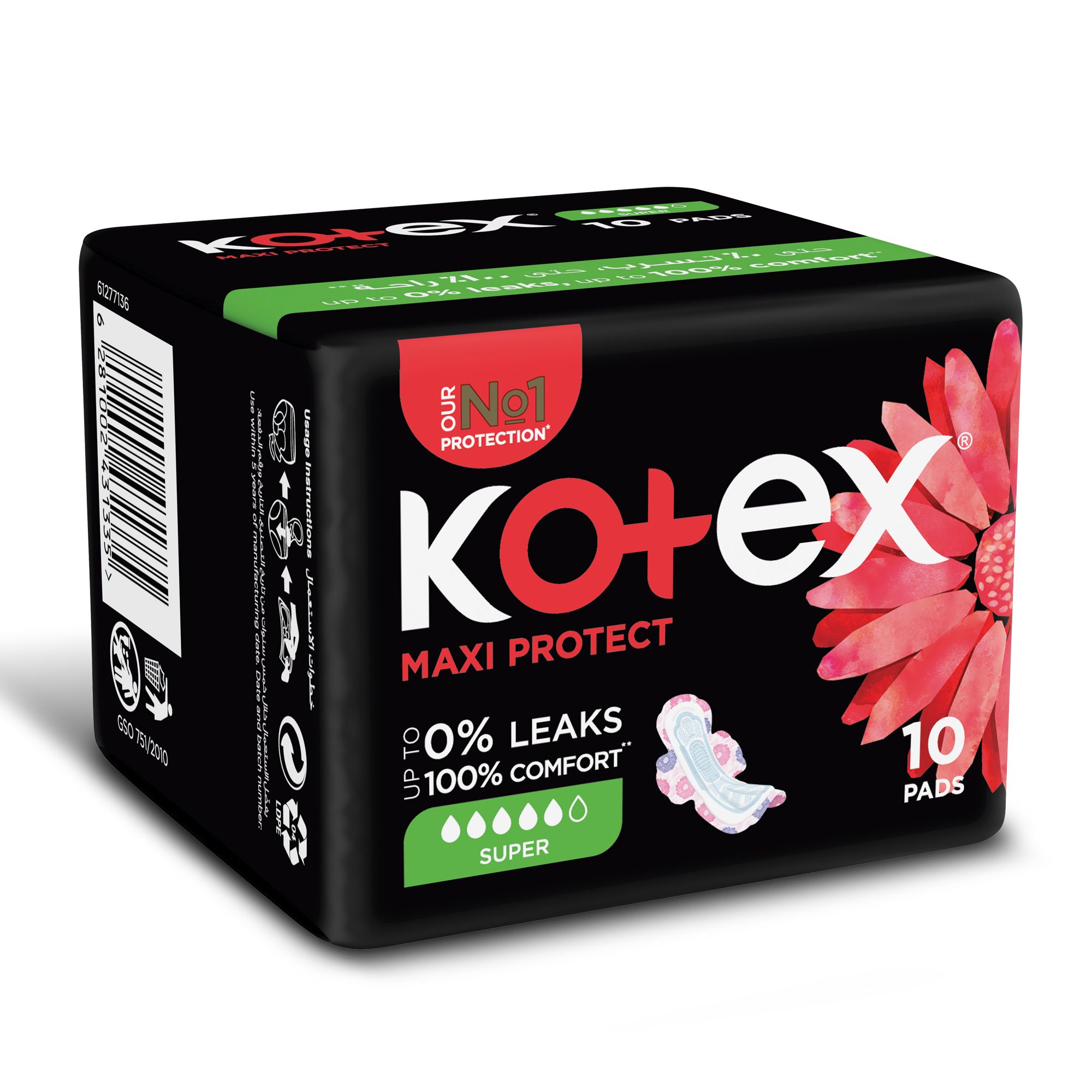 Kotex Maxi Protect Thick Pads, Super Size Sanitary Pads with Wings, 10 Sanitary Pads