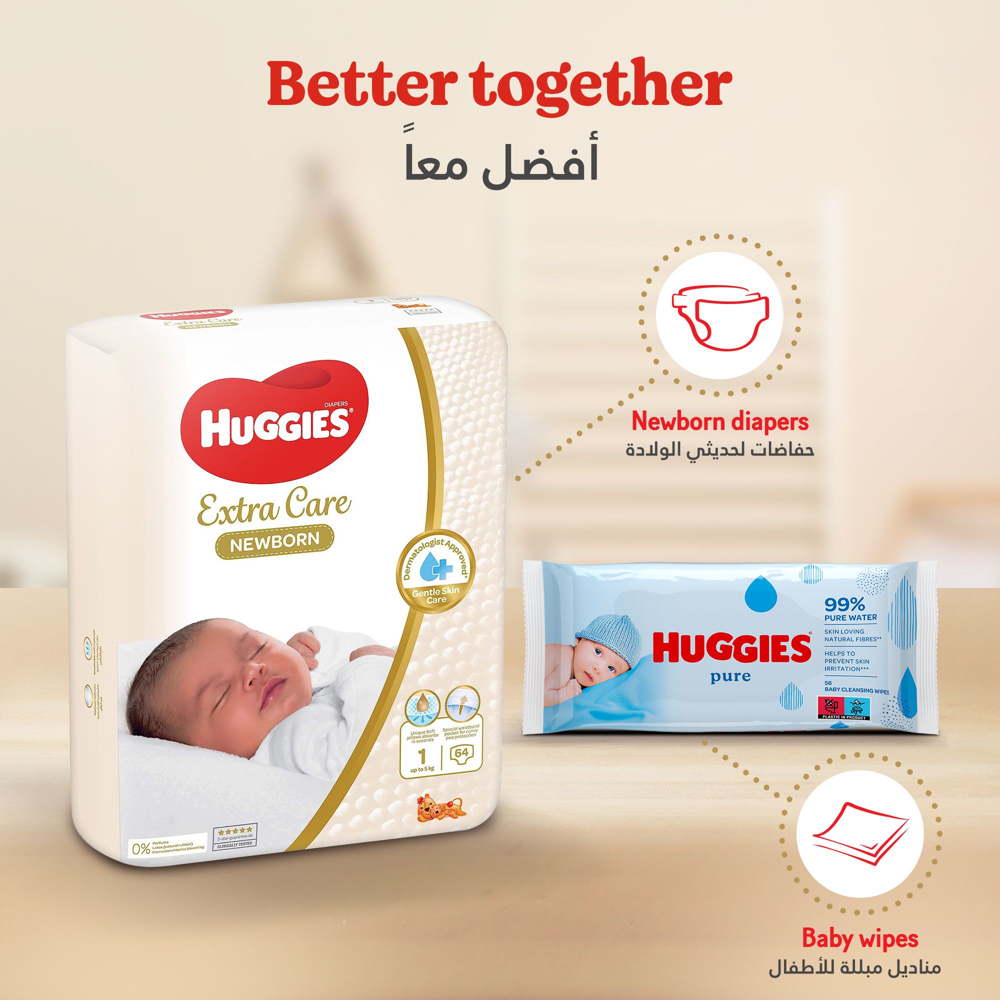 Huggies Extra Care Newborn, Size 1, Up to 5 kg, Carry Pack, 21 Diapers